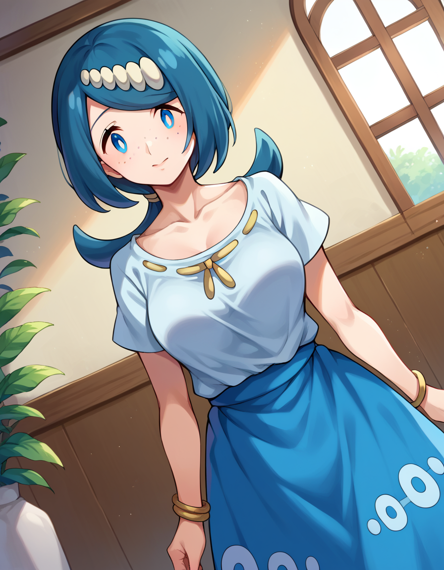 score_9, score_8_up, score_7_up, source_anime,
pokemonmotherlana, <lora:pokemon-mother-lana-ponyxl-lora-nochekaiser:1>
pokemonmotherlana, blue eyes, blue hair, freckles, hair ornament, long hair, swept bangs, bright pupils,
blouse, blue skirt, bracelet, collarbone, dress, jewelry, long skirt, shirt, short sleeves, skirt, white shirt,
indoors,
looking at viewer, cowboy shot, dutch angle,