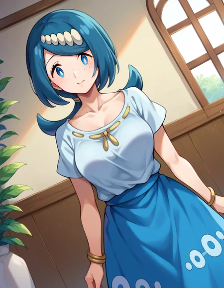 score_9, score_8_up, score_7_up, source_anime,
pokemonmotherlana, <lora:pokemon-mother-lana-ponyxl-lora-nochekaiser:1>
pokemonmotherlana, blue eyes, blue hair, freckles, hair ornament, long hair, swept bangs, bright pupils,
blouse, blue skirt, bracelet, collarbone, dress, jewelry, long skirt, shirt, short sleeves, skirt, white shirt,
indoors,
looking at viewer, cowboy shot, dutch angle,