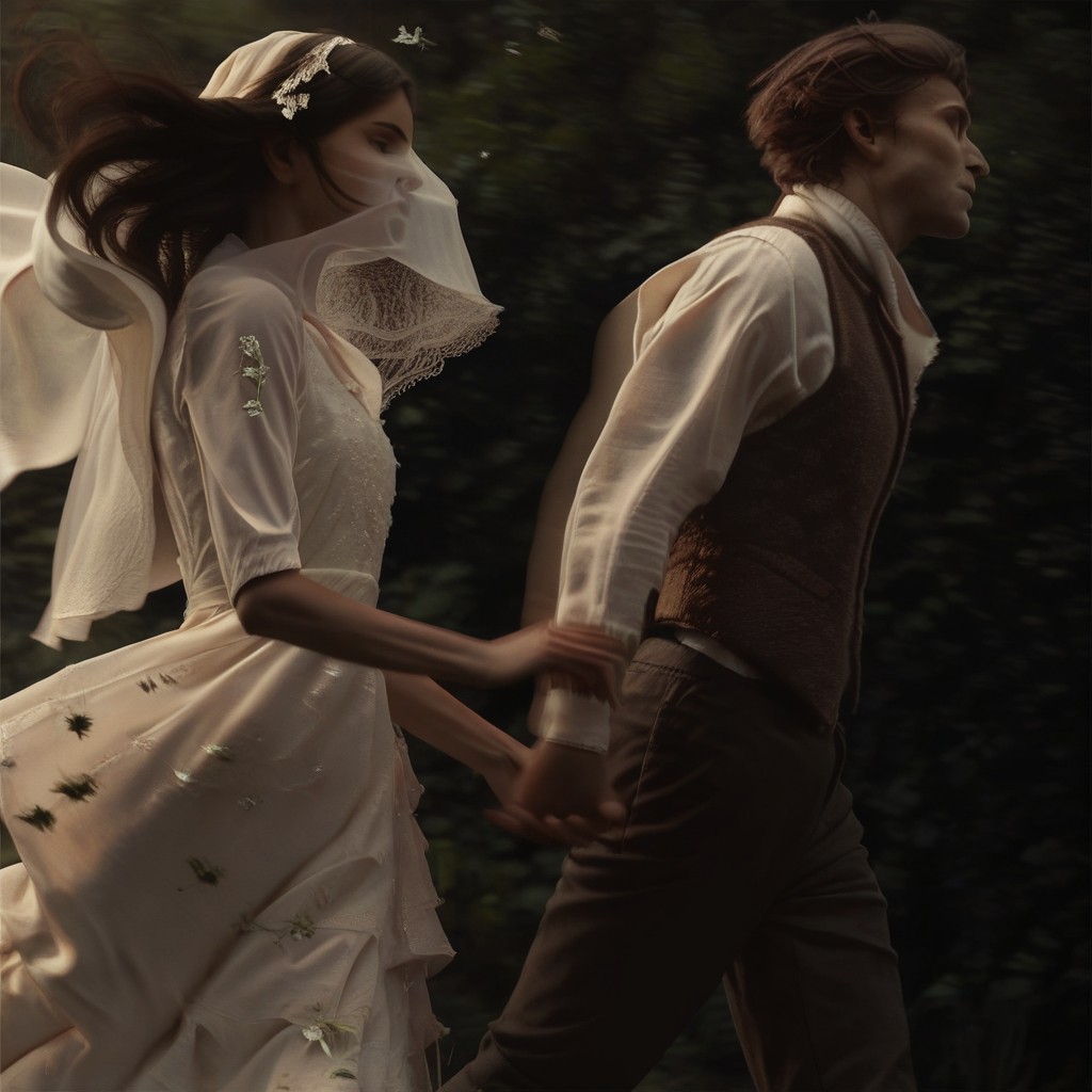 score_9, score_8_up, score_7_up, score_6_up, flmgr, flmgr, film grain, cinematic, 1girl, dress, 1boy, white dress, brown hair, vest, realistic, long hair, pants, long sleeves, holding hands, shirt, veil, white shirt, black hair, dark, profile, short hair, hetero, black pants, realistic, running, motion blur