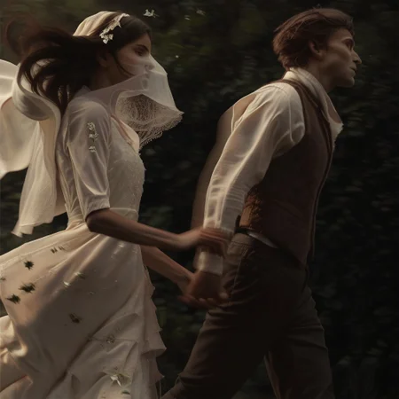 score_9, score_8_up, score_7_up, score_6_up, flmgr, flmgr, film grain, cinematic, 1girl, dress, 1boy, white dress, brown hair, vest, realistic, long hair, pants, long sleeves, holding hands, shirt, veil, white shirt, black hair, dark, profile, short hair, hetero, black pants, realistic, running, motion blur