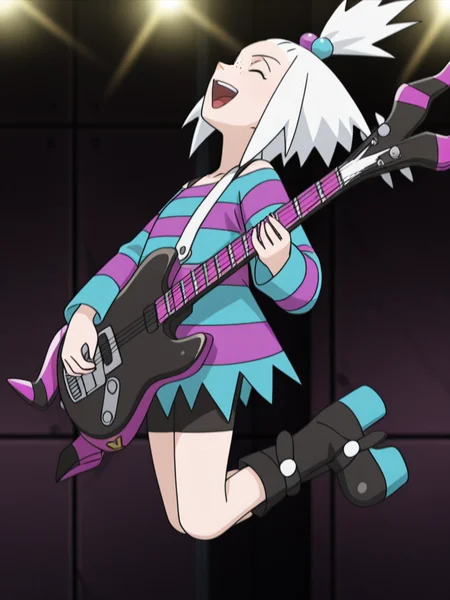 1girl,  upper body, jumping, happy, head back, arched back, rock scream,closed eyes, (playing guitar,:1.2) 
<lora:roxie_2_pe:1.0>
Roxi5,pale skin, freckles,
white hair, tied in a high,spiky ponytail ,hair ornament, purple and blue hair bobbles,
black vest top,
loose dress, striped dress,purple and blue striped,
black bike shorts,
black boots platform,blue sole,
BREAK
black electric guitar,
pink details electric guitar,
white guitar strap,, masterpiece, high quality, absurdres, best quality, very aesthetic, newest,