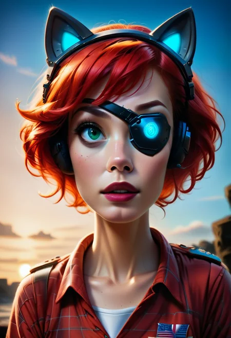 Score_9, score_8_up, score_7_up, semi realistic, tactical soldier girl, Green eyes and red hair, Thick Warpaint under eyes, Goggles on head, Military headset with cat ears, Glowing RGB colors on front-facing parts of headset, White and blue Sailor-style school girl top, tactical shemagh, Red bow on the neck, A collared flannel shirt with the sleeves rolled up above the seifuku.
multicam arid shirt, darkened a few shades, Black and white American flag patch on the left arm, Delta Force patch on the left arm