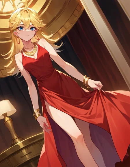 score_9, score_8_up, score_7_up, source_anime,
psgpanty, <lora:panty-anarchy-ponyxl-lora-nochekaiser:1>,
psg panty, blonde hair, blue eyes, ahoge,
bare legs, bracelet, dress, earrings, gold bracelet, high heels, jewelry, red dress, red footwear,
indoors,
looking at viewer, cowboy shot, dutch angle,