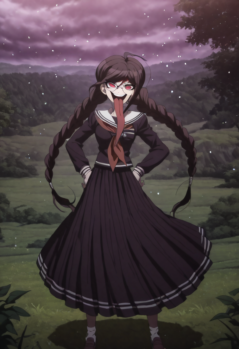 (((solo))), masterpiece, best quality, very aesthetic,  modern, modern anime,  newest, absurdres, highres, aerial view , caring expression  , (((solo))),danganronpa_(series),<lora:Toko_Fukawa_Illustrious:1>,  This is an anime screencap from Danganronpa 3. Genocider Sho is enacting a ducking . Genocider Sho's expression is approving expression . Genocider Sho is interacting with this environment:  The person sits surrounded by exotic vegetation on a hill covered in luminescent flowers. A strong wind blows through the person's hair, sending petals and leaves swirling through the air. The setting is a magical twilight, with the sky painted in deep purples and pinks. The scene is captured in extreme detail in every element, from the glowing flowers to the sharp background. The person is interacting with the nature, adding a sense of connection to the environment.There are intricate shadows from the flowers and leaves that fall onto the person's skin, enhancing the interplay of light and shadow. The vegetation is layered varying heights and densities, creating a richer and more textured environment. The clouds are textured, with subtle color shifts and details that draw the eye upwards. The image is vibrant and serene.  Genocider Sho wearing her uniform from Danganronpa 1. Her uniform is purple with a lengthy skirt that extends past her knees. Her long dark purple hair is styled in two braids that extend past her waist. She has large round glasses over her red eyes. Her abnormally large tongue hangs out of her mouth. She is wearing white socks and brown loafers.