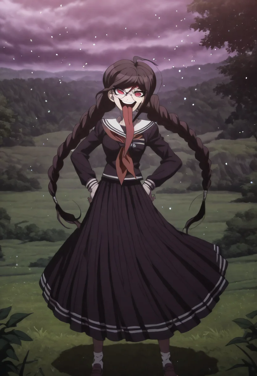 (((solo))), masterpiece, best quality, very aesthetic, modern, modern anime, newest, absurdres, highres, aerial view , caring expression , (((solo))),danganronpa_(series),<lora:Toko_Fukawa_Illustrious:1>, This is an anime screencap from Danganronpa 3. Genocider Sho is enacting a ducking . Genocider Sho's expression is approving expression . Genocider Sho is interacting with this environment: The person sits surrounded by exotic vegetation on a hill covered in luminescent flowers. A strong wind blows through the person's hair, sending petals and leaves swirling through the air. The setting is a magical twilight, with the sky painted in deep purples and pinks. The scene is captured in extreme detail in every element, from the glowing flowers to the sharp background. The person is interacting with the nature, adding a sense of connection to the environment.There are intricate shadows from the flowers and leaves that fall onto the person's skin, enhancing the interplay of light and shadow. The vegetation is layered varying heights and densities, creating a richer and more textured environment. The clouds are textured, with subtle color shifts and details that draw the eye upwards. The image is vibrant and serene. Genocider Sho wearing her uniform from Danganronpa 1. Her uniform is purple with a lengthy skirt that extends past her knees. Her long dark purple hair is styled in two braids that extend past her waist. She has large round glasses over her red eyes. Her abnormally large tongue hangs out of her mouth. She is wearing white socks and brown loafers.