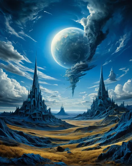 Surrealism, ultimate Surreal Art, ultimate strange art,cool full color, ultimate strange deformed object, ((ultimate strange detailed background)),ultimate strange landscape,the space is filled with strange incomprehensible surreal things, strange unreal surreal vision,
 dreamlike, mysterious, provocative, symbolic, intricate, detailed, ultradetaled,8k,perfect, super detailed, award winning art,
meadows,
artificially enhanced,ionosphere,
clear sky, and many small clouds, and lighting strikes,,,
midday,
Max Ernst,
high contrast,
royal blue,
 <lora:add-detail-xl:0.7>,<lora:abysues:0.6>, expressive, dramatic, organic lines and forms, dreamlike, mysterious, Surrealism