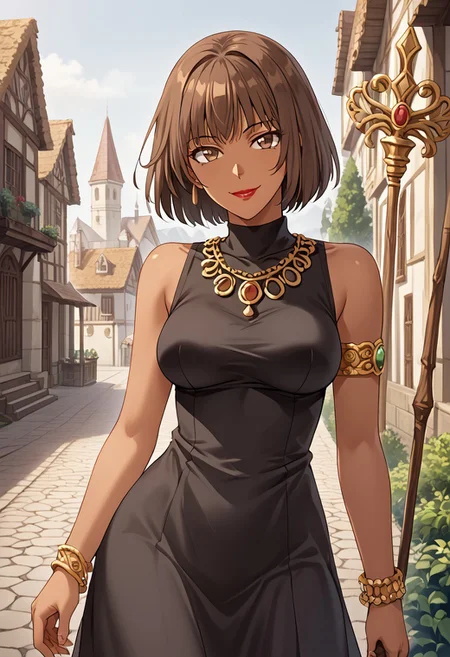 score_9,score_8_up,score_7_up,source_anime,5_figner,2d_animation,game cg,BREAK,1girl,solo,Milene,
short hair,brown eyes,brown hair,dark skin,lipstick,
bare shoulders,necklace,jewelry,armlet,staff,bracelet,long skirt,
medium breasts,front view,upper body,smile,naughty face,looking at viewer,
Outdoor, old, town,
masterpiece,best qualit,ultra-detailed,illustration,an extremely delicate and beautiful,beautiful detailed eyes,unity 8k wallpaper,high resolution,anime CG,official_art,