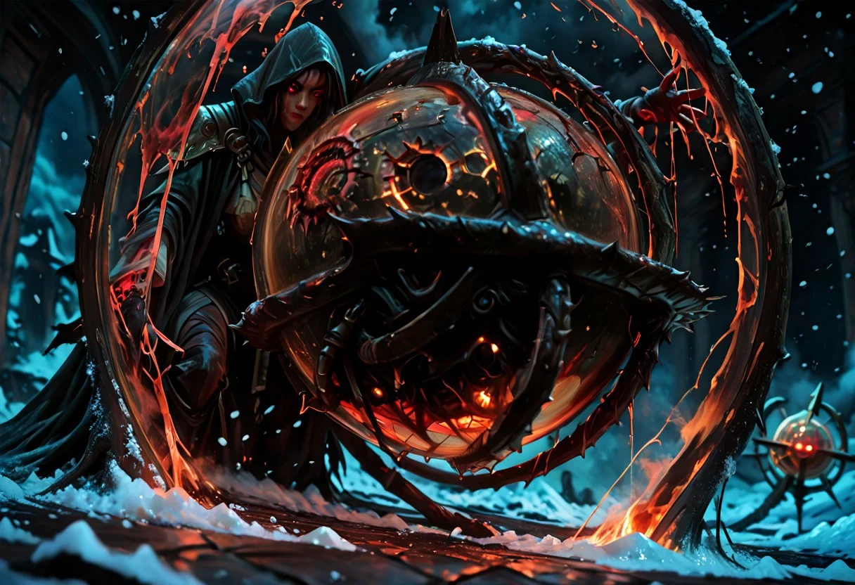 masterwork, masterpiece, best quality, detailed, depth of field, high detail, very aesthetic, sharp edges, precise, clear focus, highly detailed epic cinematic concept art, octane render, (3d shading:1.6), dynamic lighting, very inspirational, (Dreamlike surrealist painting:1.8),
(the world is burning (inside a glass sphere:1.9) :1.5), watched by a demon, surreal female demon, red eyes, swirling cloak turning into threatening clouds,
snow, glowing footprints, burning tears scorch the land, eldritch, horror, gdv2-illu, (Artgerm, Piotr Jablonski, Karla Ortiz style),