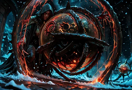 masterwork, masterpiece, best quality, detailed, depth of field, high detail, very aesthetic, sharp edges, precise, clear focus, highly detailed epic cinematic concept art, octane render, (3d shading:1.6),  dynamic lighting, very inspirational, (Dreamlike surrealist painting:1.8),
(the world is burning (inside a glass sphere:1.9) :1.5), watched by a demon, surreal female demon, red eyes, swirling cloak turning into threatening clouds,
snow, glowing footprints, burning tears scorch the land, eldritch, horror, gdv2-illu, (Artgerm, Piotr Jablonski, Karla Ortiz style),