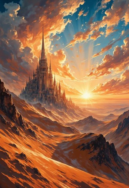 A landscape of tall dunes in a desert the stretches to the horizon. The sun is just rising above the horizon, painting the sky in vivid hues and lighting the dunes and the sand. Epic clouds catch the sunlight and a storm seems to be building in the distance. The dunes move like waves. An castle that seems to be made of crystal spires rises from the sand and sparkles in the light.