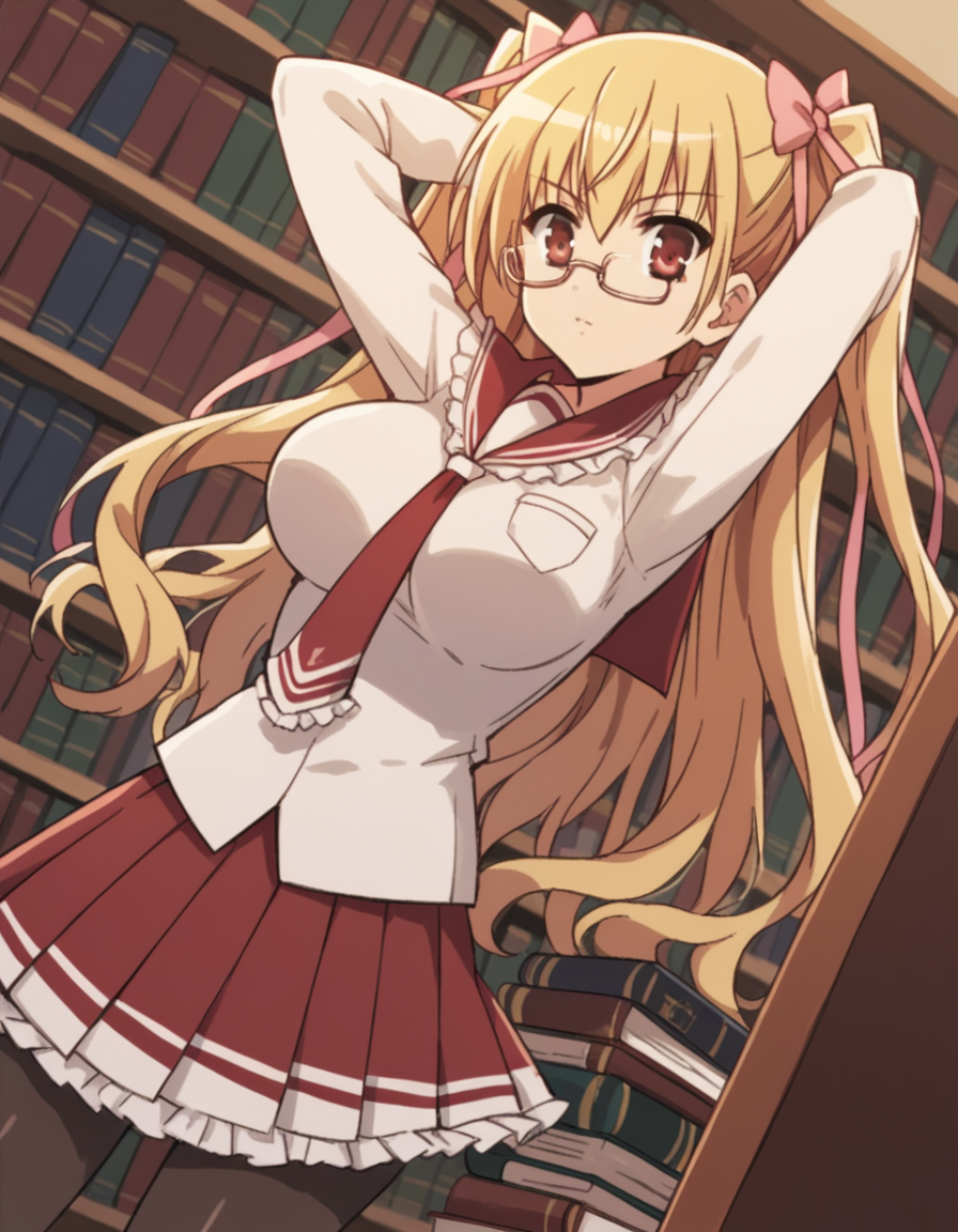 score_9, score_8_up, score_7_up, source_anime, <lora:riko-mine-s1-ponyxl-lora-nochekaiser:1>, riko mine, long hair, blonde hair, ribbon, red eyes, hair ribbon, twintails, two side up, large breasts,, skirt, school uniform, pantyhose, necktie, frills, serafuku, long sleeves, frilled sailor collar, red sailor collar, white shirt, red necktie, red skirt, pleated skirt, frilled skirt,, library, reading books, glasses, quiet, focused, shelves of books, , hands behind head,, looking at viewer, solo,, dutch angle, cowboy shot