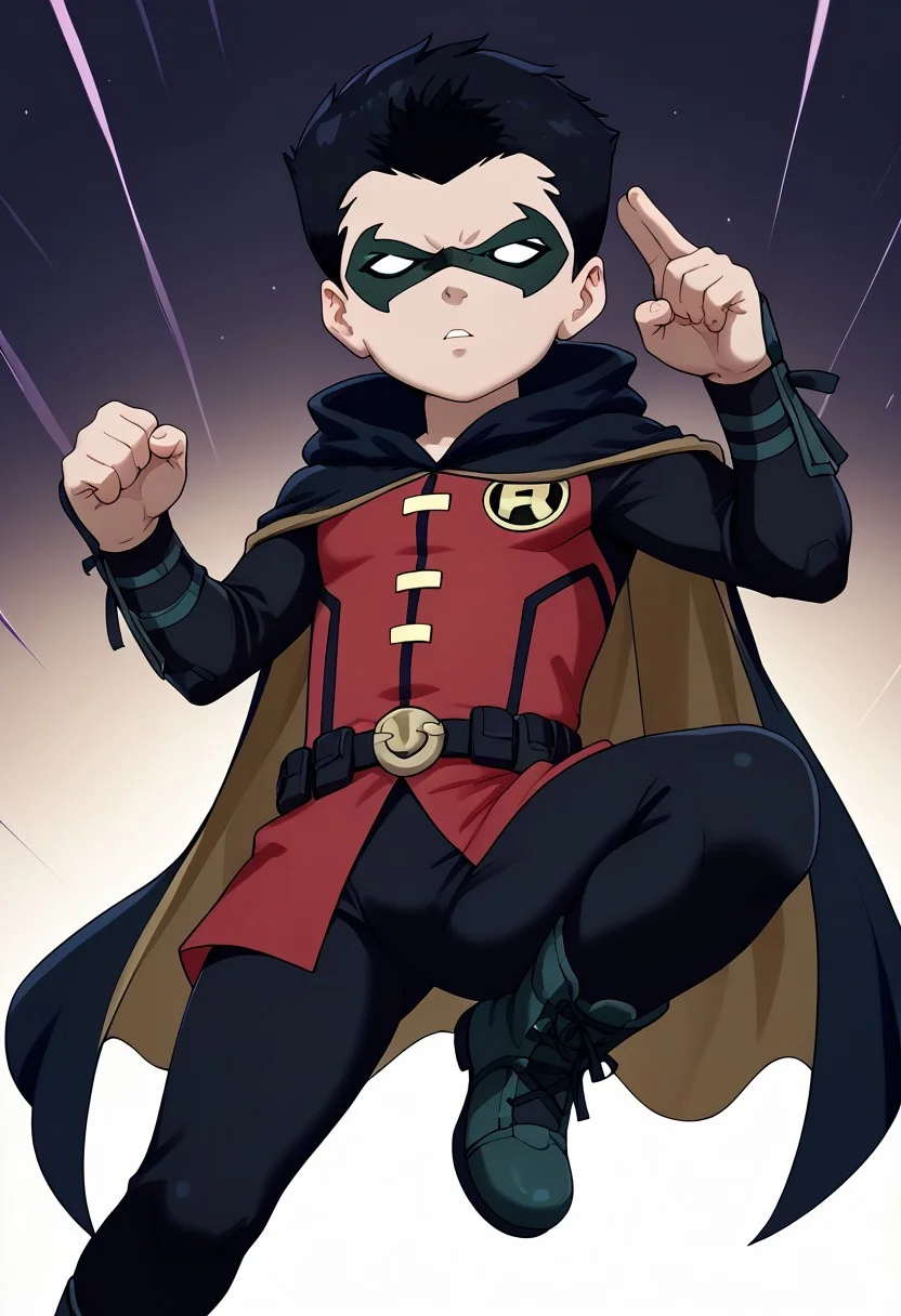 score_9, score_8_up, score_7_up, score_6_up, score_5_up, sorce_cartoon, source_hq, young, cute, 1boy, solo, male Robin ,masterpiece, best quality, amazing quality, best aesthetic, ,absurdres,intricate details,1boy,robin_dc, black hair, mask, black bodysuit, greeen gloves, cape, black boots, red vest, belt, slim but fit, jumping kick, kicking, from below, jumping, foot focus, full body,w3st3rnc0m1c,westerncomic, western comic art style, petite, shortstack, small body, detail1eye,concept art, realistic, dark theme, low light,, zPDXL3, emotional eyes, emotional face, cute face, easynegative, ng_deepnegative_v1_75t, detailed_eye_model, small eyes, square head, zPDXL3, easynegative, ng_deepnegative_v1_75t, CuteCartoonStyle, 3DMM, eyesHD, high gradient eyes, detailed eyes, high definition eyes, dynamic pose