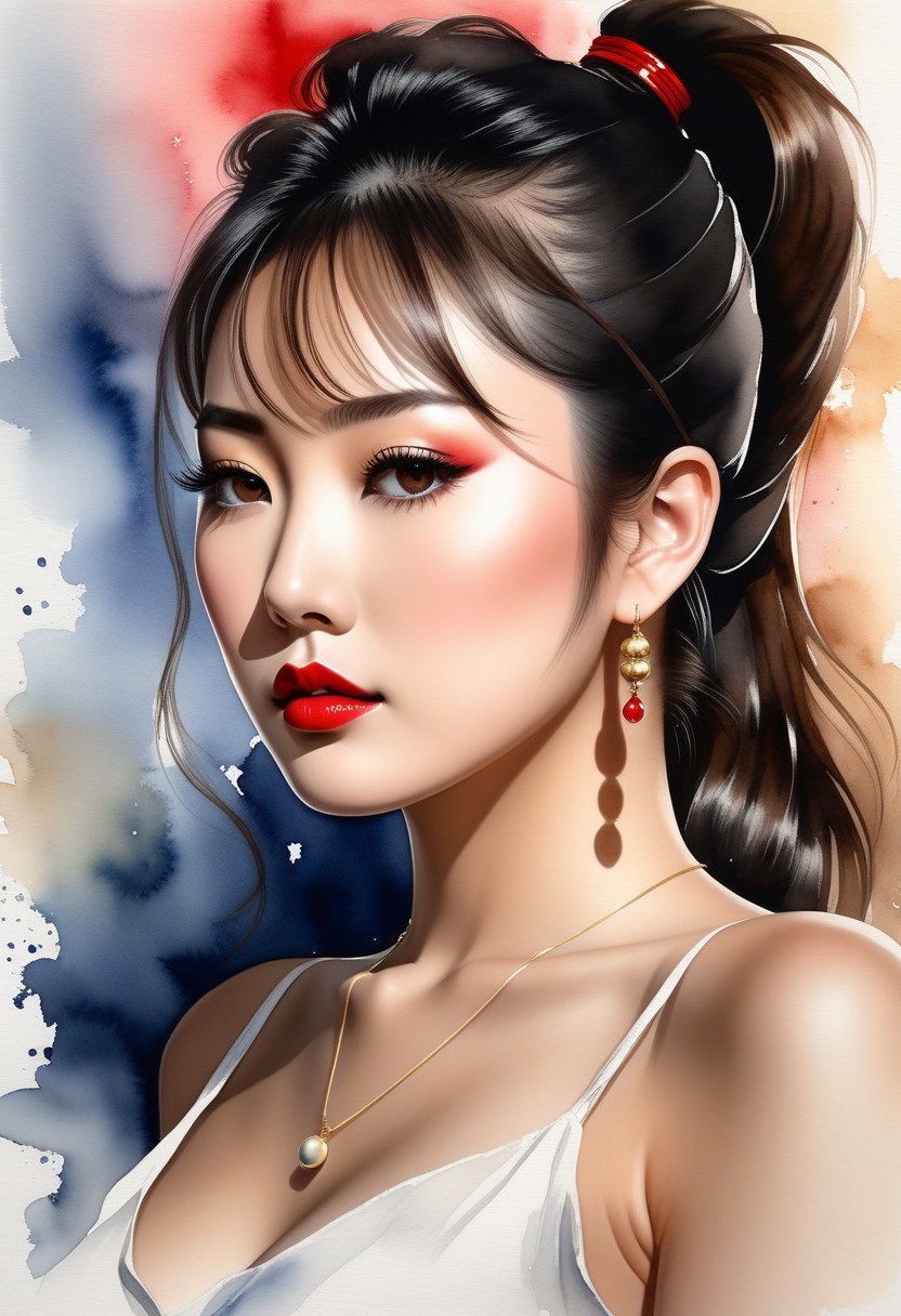 Magnificent abstract watercolor image in the style of a cinematic movie poster; ultra-crisp lines and high photorealism; low-angle, off-center view from below and the side, capturing a stunning 18 year old Japanese woman with large breasts and with a high ponytail, sultry red lips, smoky dark eyeshadow, and flawless porcelain skin; wearing a thin, loose camisole and a frayed denim shorts; adorned with layered heavy necklaces and long dangling earrings; dramatic, directional lighting casting expressive shadows; abstract, flowing background with vibrant watercolor textures; sensual and seductive atmosphere with a tasteful erotic allure; artistic, moody, and visually striking composition