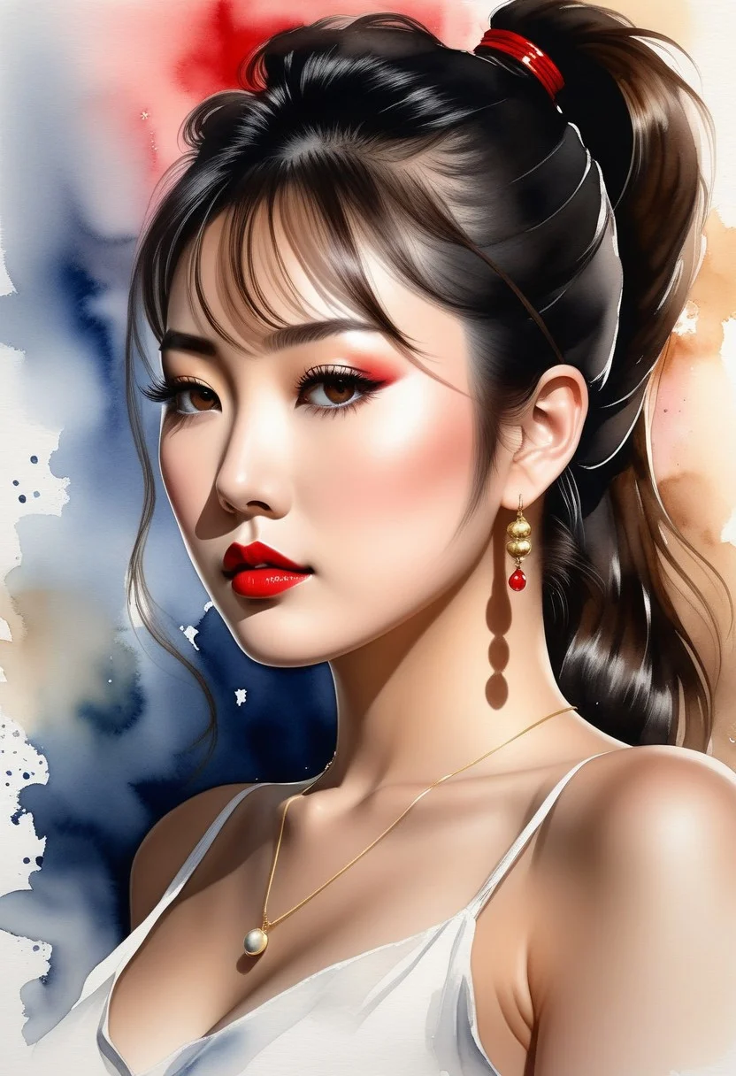 Magnificent abstract watercolor image in the style of a cinematic movie poster; ultra-crisp lines and high photorealism; low-angle, off-center view from below and the side, capturing a stunning 18 year old Japanese woman with large breasts and with a high ponytail, sultry red lips, smoky dark eyeshadow, and flawless porcelain skin; wearing a thin, loose camisole and a frayed denim shorts; adorned with layered heavy necklaces and long dangling earrings; dramatic, directional lighting casting expressive shadows; abstract, flowing background with vibrant watercolor textures; sensual and seductive atmosphere with a tasteful erotic allure; artistic, moody, and visually striking composition