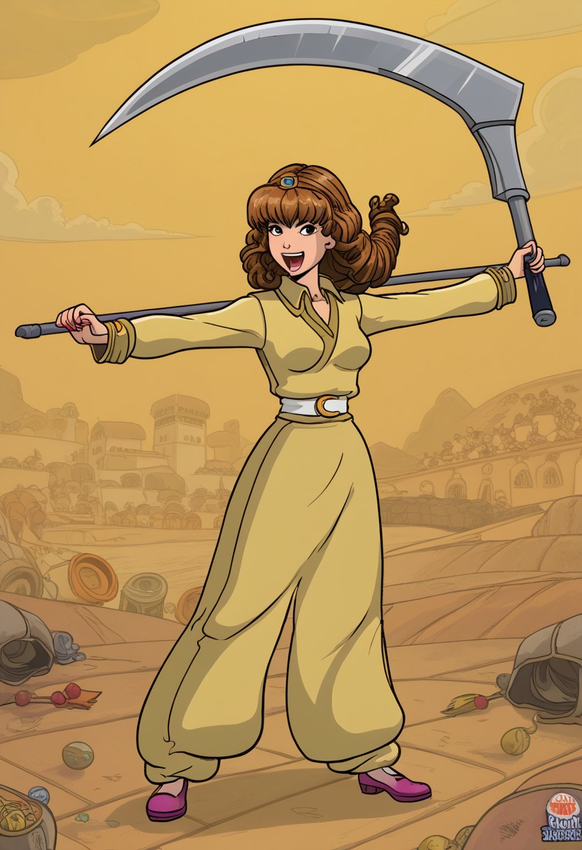 happy girl, random_combat_action_pose, scythe (4K4BUR5TYL3)