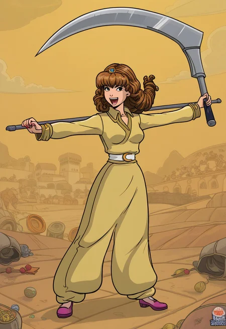 happy girl, random_combat_action_pose, scythe (4K4BUR5TYL3)