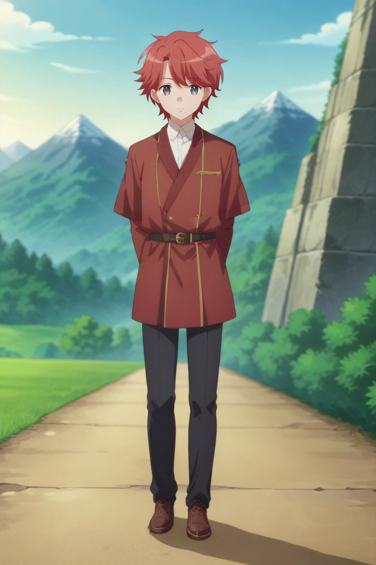score_9, score_8_up, score_7_up, source_anime, rating_safe, intricate details, anime screencap, anime coloring, , , depth of field, 1boy, solo, male focus, <lora:sirius_dieke_pony:0.9>, sirius_dieke, red hair, grey eyes, short hair, straight-on, full body, mountain, light, arms behind back, :o, , <lora:sdxl_lightning_8step_lora:1>