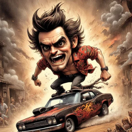 illustration, Ace Ventura driving his vintage modified junket Hot Rod Rat Rod street machine, leaving behind a trail of thick black exhaust smoke in his wake along with his enemies wanting him stopped, his ((Hot Pursuit Chase towards Victory)), positioned seated leaning out overhanging the armrest of car door, leaning top half of his body outside his car, his arm fully stretched to reach his steering wheel, dark retro sunglasses, his hair unaffected by wind, fearless heroic, charisma is charismatic and intoxicating, outrageously ridiculous, Tim Burton, hyper-realistic, very detailed, micro pen art, dark vignette, film grain, sharp lines, high dynamic range, light sepia, Gray, Red And Gold Color Scheme, Pet Detective style, ink art