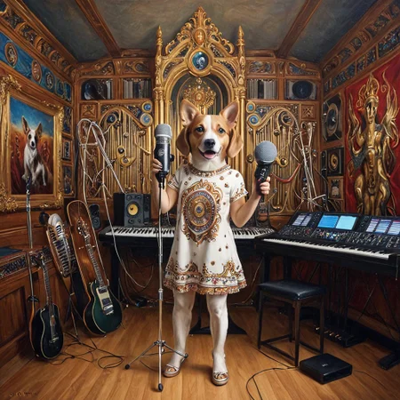 dog girl dressed in an elaborate collection of qu4ntum covering her in a majestic way holding microphone, music studio, painting of cute qu4ntum, pg safe