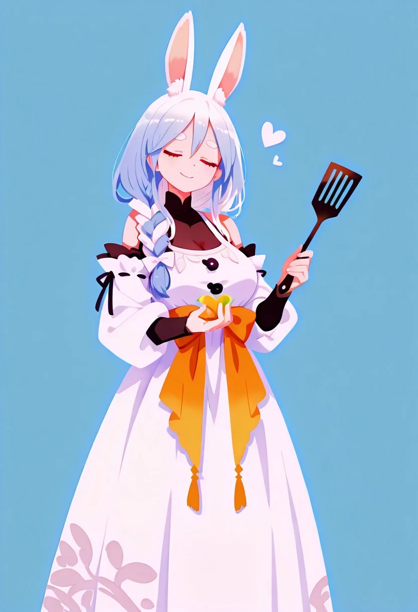 masterpiece,best quality,amazing quality, solo, p4k0mm, closed eyes , smile,rabbit girl, animal ear fluff, large breasts, red eyes, short eyebrows, thick eyebrows, multicolored hair, blue hair, white hair, long hair, hair between eyes, braided ponytail, white hair bow,holding a Spatula,bodystocking, shoulder cutout, white dress, long dress, see-through cleavage, dress bow, orange bow, detached sleeves,
simple background, blue background,love symbol,haiz_ai, no lineart,no outline ,<lora:ponyv6_noobE11_2_adamW-000017:0.3> <lora:MeMaXL4:0.8> <lora:veluflora-wai:0.4> <lora:haiz_ai_illu:0.7>,
