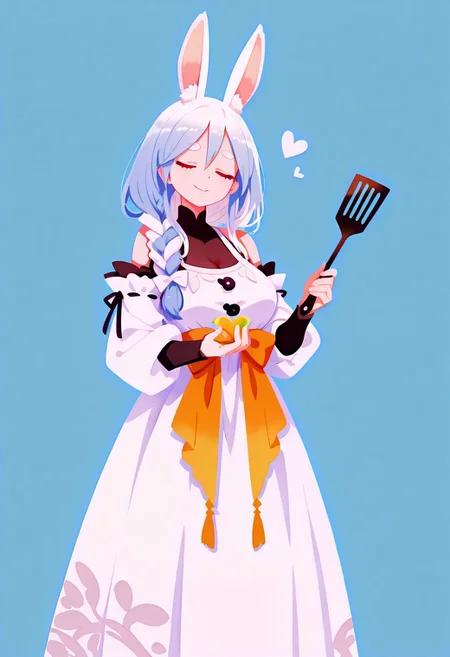 masterpiece,best quality,amazing quality, solo, p4k0mm, closed eyes , smile,rabbit girl, animal ear fluff, large breasts, red eyes, short eyebrows, thick eyebrows, multicolored hair, blue hair, white hair, long hair, hair between eyes, braided ponytail, white hair bow,holding a Spatula,bodystocking, shoulder cutout, white dress, long dress, see-through cleavage, dress bow, orange bow, detached sleeves,
simple background, blue background,love symbol,haiz_ai, no lineart,no outline ,<lora:ponyv6_noobE11_2_adamW-000017:0.3> <lora:MeMaXL4:0.8> <lora:veluflora-wai:0.4> <lora:haiz_ai_illu:0.7>,