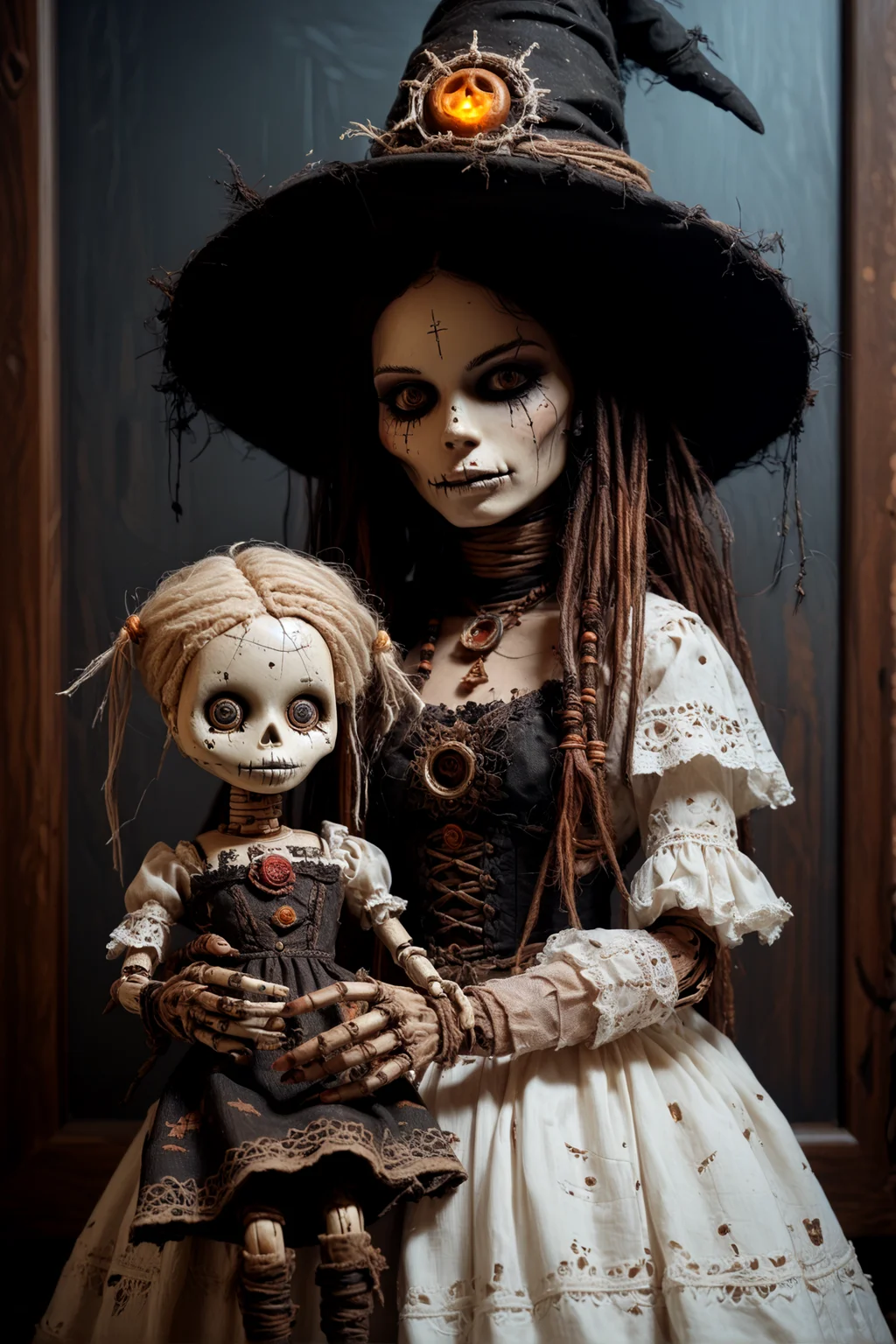 score_9, score_8_up, score_7_up, score_6_up, Doll Whisper, 1 beautiful girl, hold a doll, doll like human, witch,