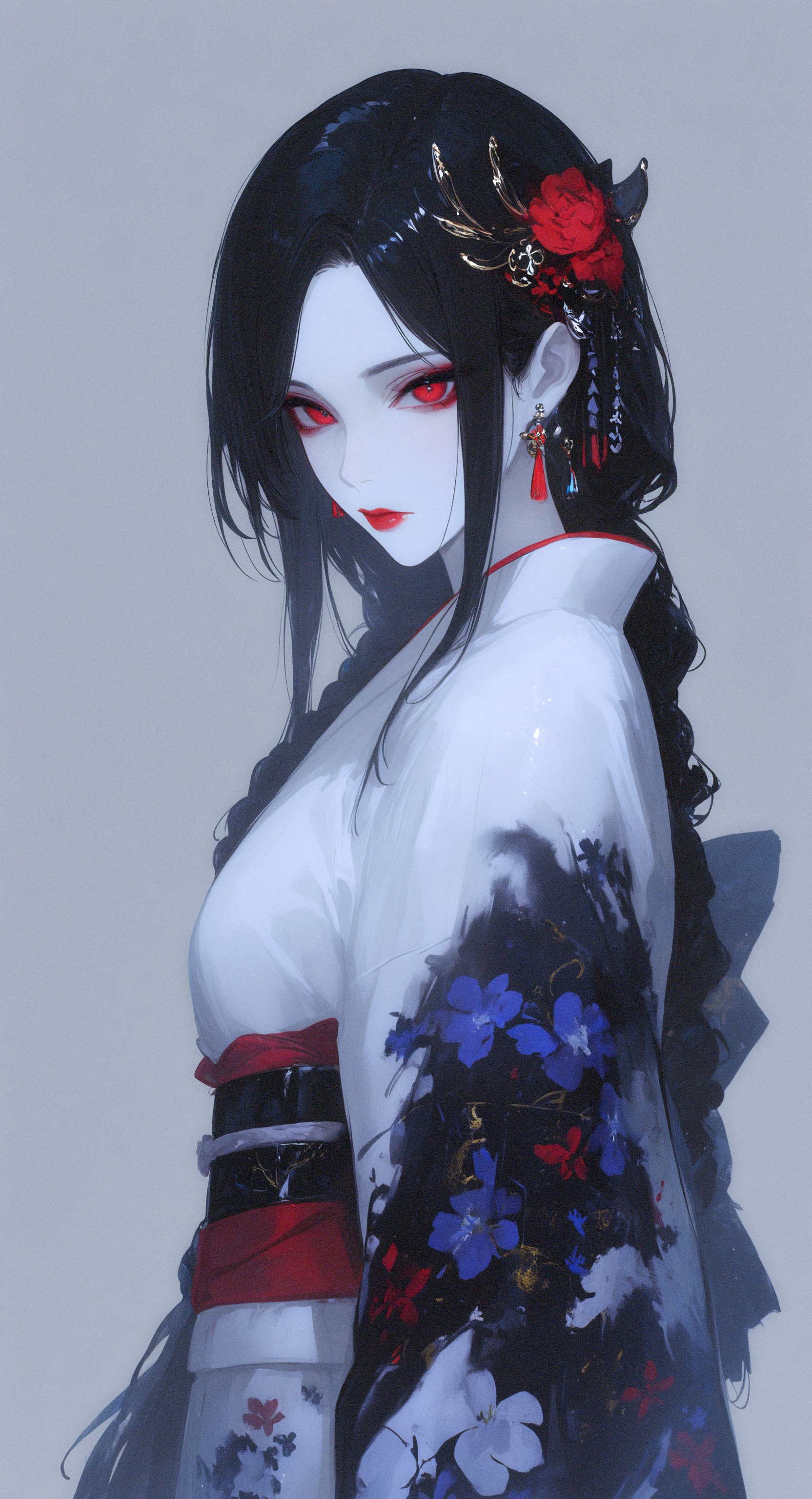 masterpiece, best quality, good quality, very awa, newest, highres, absurdres, 1girl, solo, long hair, looking at viewer, simple background, black hair, hair ornament, white background, red eyes, closed mouth, jewelry, upper body, braid, flower, sidelocks, earrings, japanese clothes, grey background, kimono, from side, parted bangs, sash, floral print, obi, pale skin, braided ponytail, white kimono, red lips, xxx667_illu, (glowing:0.6), <lora:illustriousXL_stabilizer_v1.23:0.3> <lora:NOOB_vp1_detailer_by_volnovik_v1:0.3> <lora:ponyv6_noobE11_2_adamW-000017:0.3> <lora:XXX667:0.7> <lora:fashiongirl-v1-ILXL:0.7>