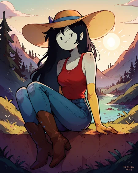 score_9,  1girl, solo, Marceline, sun hat, red tank top, yellow elbow gloves, cowboy boots, jeans, outdoors, zPDXL3, <lora:Marceline_PDXL_V2:1>