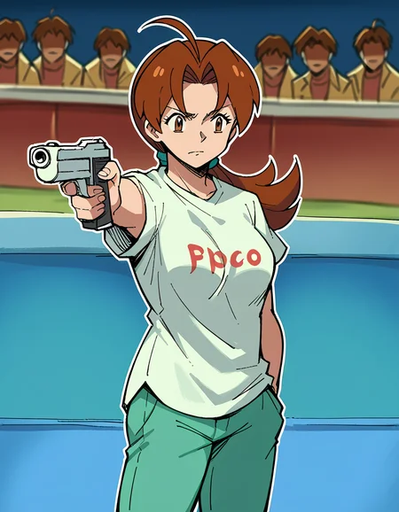 score_9, score_8_up, score_7_up, source_anime, <lora:delia-ketchum-ponyxl-lora-nochekaiser:1> deliaketchum, brown hair, brown eyes, parted bangs, ahoge, ponytail, low ponytail, medium breasts, mature female, <lora:yusuf-dikec-ponyxl-lora-nochekaiser:1> yusuf dikec, yusuf dikec (meme), meme, hand in pocket, handgun, holding gun, gun, shirt, t-shirt, pants, audience,, , cowboy shot,