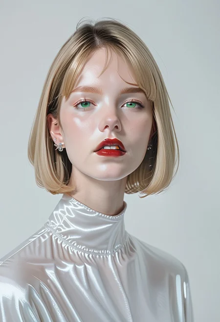 score_9, score_8_up, score_7_up, BREAK, ctdrm, dreamy, 1girl, solo, belatricepamford, jewelry, streetwear, earrings, portrait, parted lips, lips, simple background, red lips, short hair, green eyes, pale skin, light blush, soft lighting, ethereal mood
