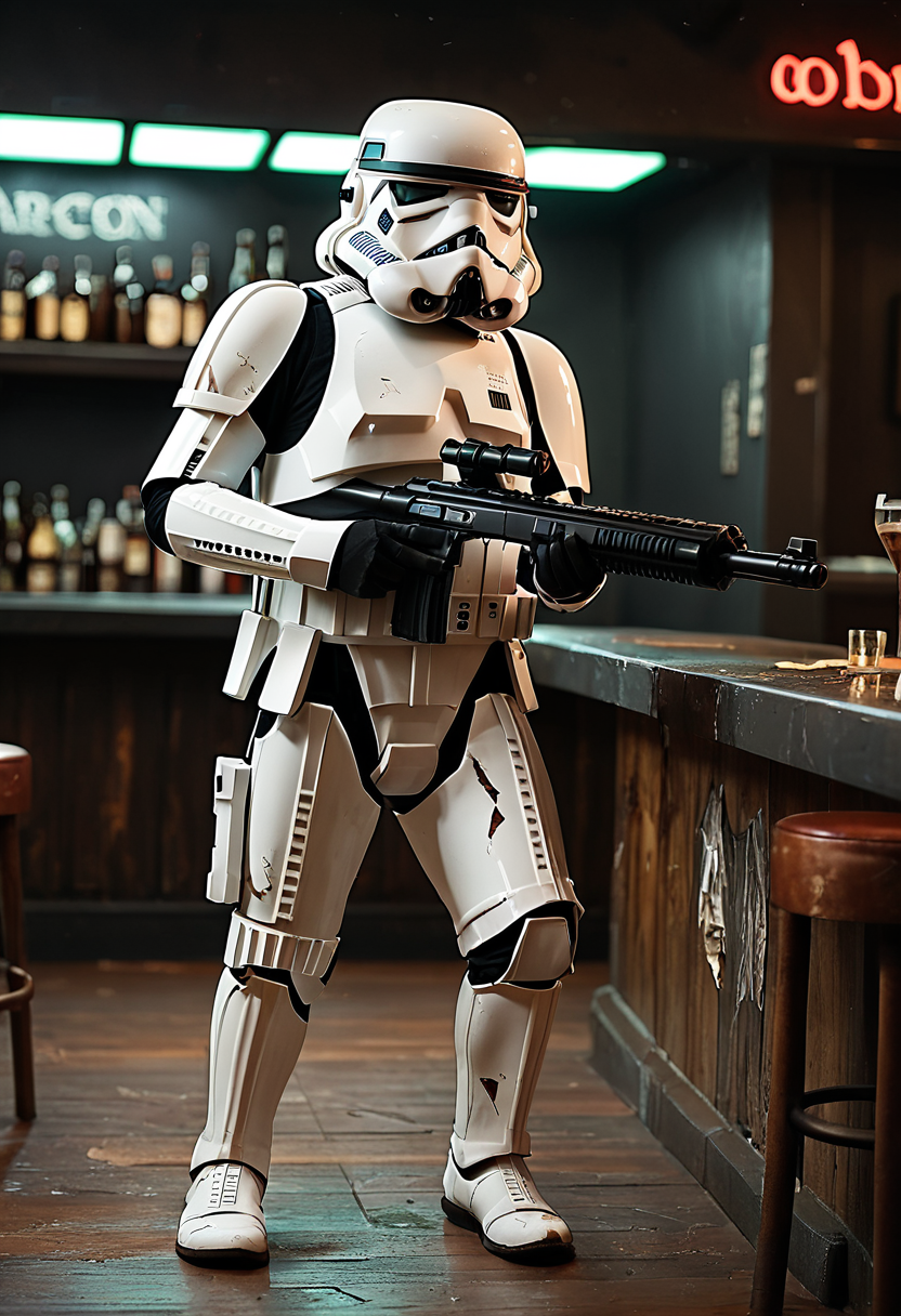 <lora:stormtrooper-PXL:0.8> stormtrooper-pxl, solo, heavy-blaster-sttr, damaged, bar, full body, , ,, score_9, score_8_up, score_7_up, score_6_up, score_5_up, score_4_up,, score_9, score_8_up, score_7_up, score_6_up, score_5_up, score_4_up,