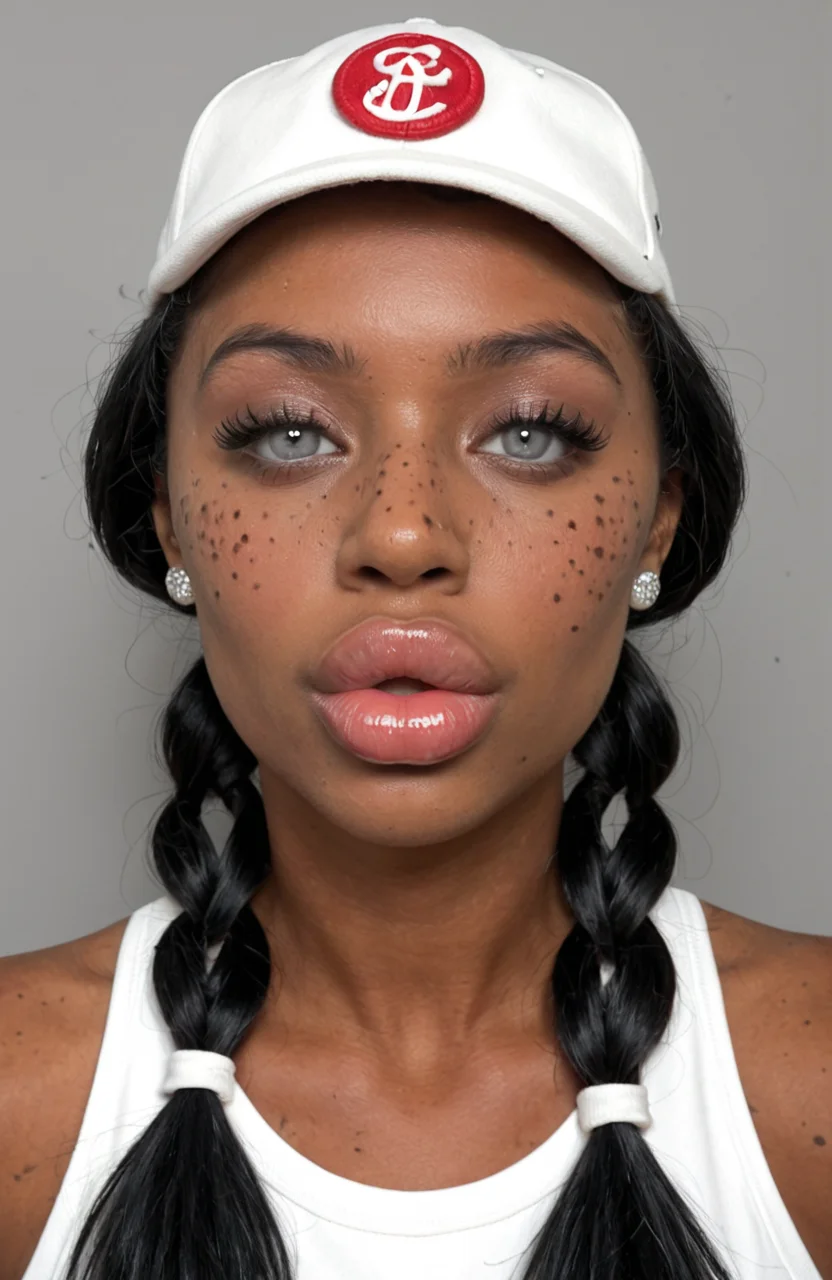 1girl, 18 year old girl, looking at viewer, bare shoulders, twin braids, black hair, grey eyes, backwards hat, baseball cap, freckles, dark dark-skinned female,
<lora:Bolted_On_Lips_v3:1>,
bolted on lips, puffy lips, big lips, filler lips