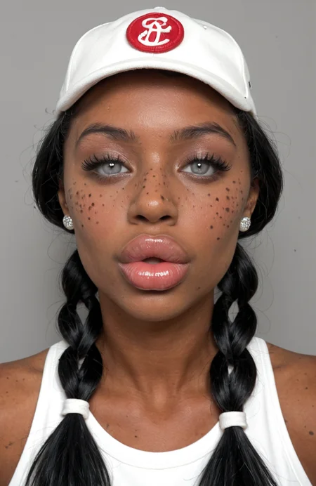 1girl, 18 year old girl, looking at viewer, bare shoulders, twin braids, black hair, grey eyes, backwards hat, baseball cap, freckles, dark dark-skinned female,
<lora:Bolted_On_Lips_v3:1>,
bolted on lips, puffy lips, big lips, filler lips