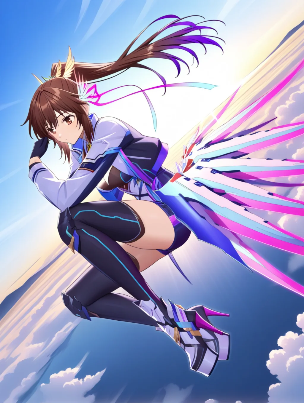 perfect quality,best quality,absolutely eye-catching,ambient occlusion,raytracing BREAK
1girl,<lora:sinnkyuu IL v1.1:1>,sinnkyuu,brown eyes,brown hair,ponytail,hair ornament,long sleeves,open coat,edge skirt,thighhighs,high heels,sky,flying,wind,purple edge,short shorts,, from_outside,face_focus,leaning_on_object,shading_eyes,hand_to_mouth,open_stance,