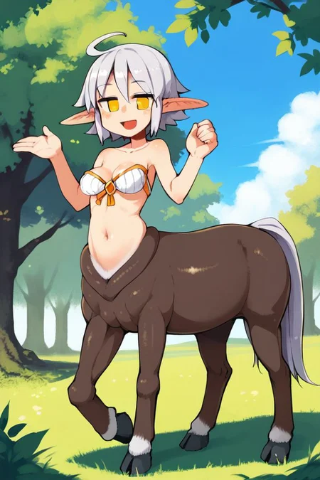 score_9, score_8_up, score_7_up, 1girl, squinting eyes smile, silver hair, baby_bangs, yellow eyes, breasts, arm_up, (centaur, hooves), outdoors, sunbeam <lora:masha_PonyXL_style_v01:1>