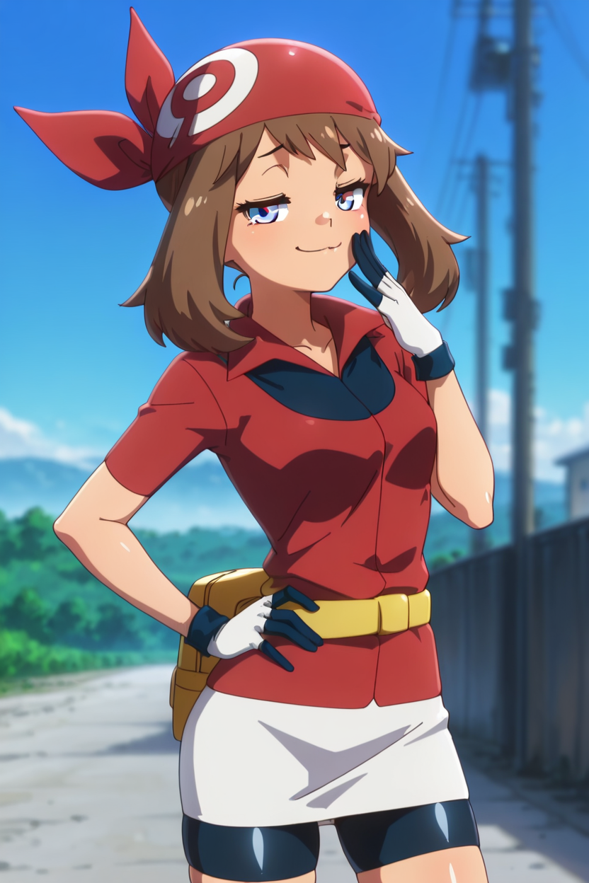 masterpiece, best quality, 1girl, solo, beautiful eyes, zzMay, may (pokemon), solo, brown hair, blue eyes, medium hair, red shirt, bike shorts, red bandana, red shirt, gloves,  white miniskirt, yellow belt,  <lora:MayPokemonIXL_v2:1.0>,  <lora:OkitsuraStyleIXL:1.0>, cowboy shot, hand on hip, smug, smile, looking at viewer, shiny skin,