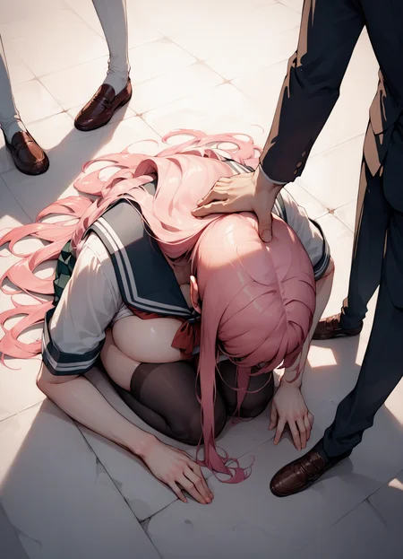 score_9, score_8_up, score_7_up,source_anime,uncensored,
<lora:dogeza:0.9>dogeza,face down,stepped on head,from above, school uniform, long hair, pink hair, shoes, brown footwear, thighhighs, large breasts,1boy,shoes,