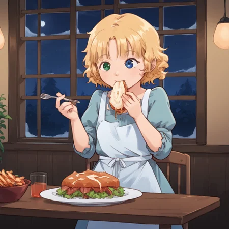 riley-davis, w0rm, blonde hair, 1girl, solo, blue eyes, heterochromia, green eyes, short hair, dress, apron, eating a lo mien and braised beef at the restaurant, dinner, night, window