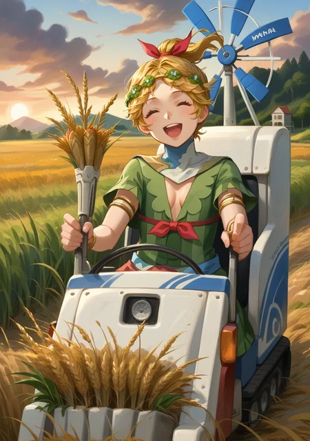 score_9, score_8_up, score_7_up, source_anime,high detail,detailed face,1girl,demetersmt, blonde hair, ponytail, head wreath, purple eyes, green dress, cleavage, cape, armlet, bracelet <lora:zs_DemeterXL:1>,depth of field,sunset,sky, clouds,wheat field,windmill,laughing,open mouth,happy, combine harvester,ground vehicle,motor vehicle,grass,outdoors,day,sky,driving,sitting,field,short sleeves, skirt, wheat,wheat field, <lora:combineharvester_XL_v2:0.7> dutch angle, upper body,