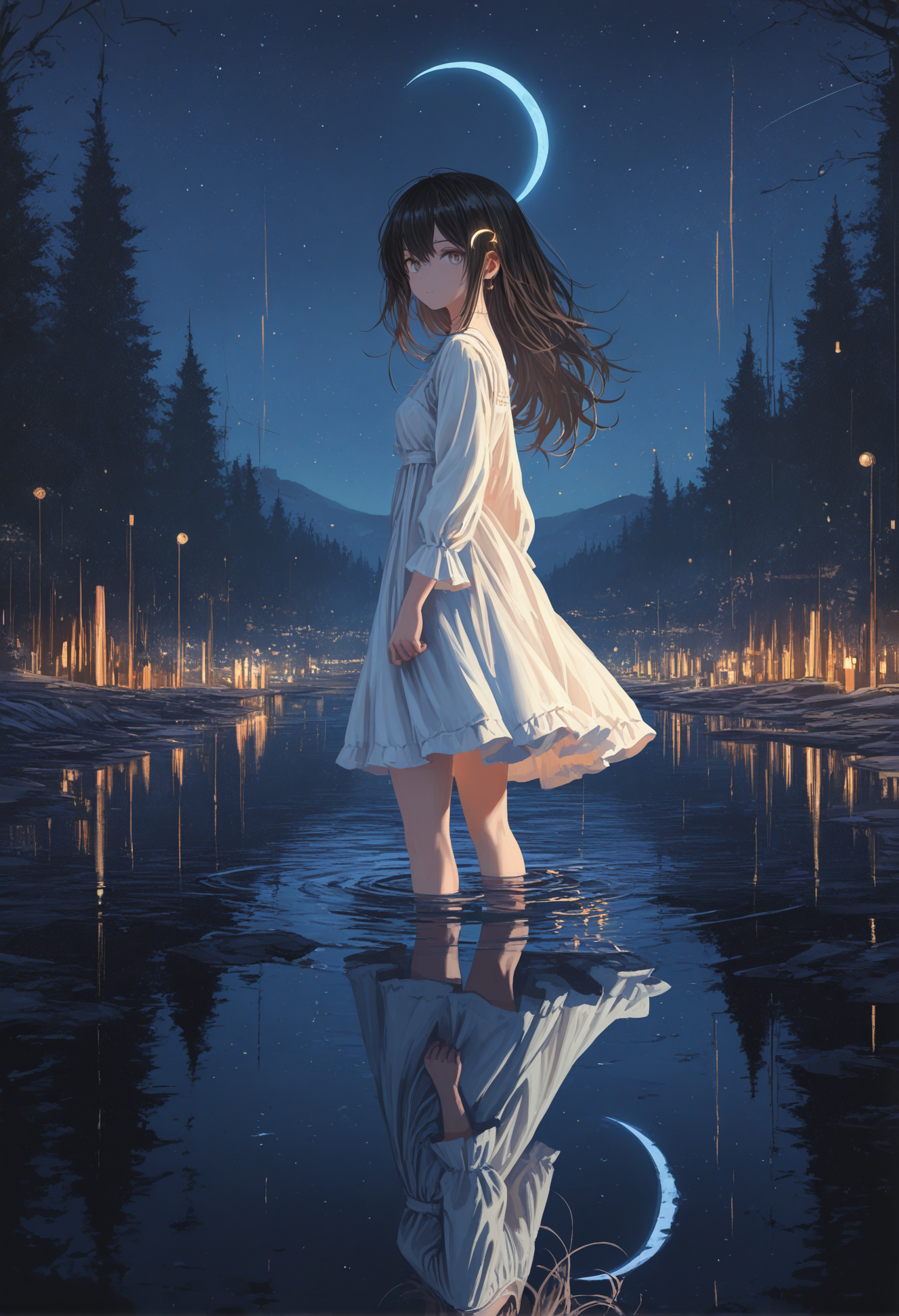 masterpiece, best quality, newest, highres, absurdres,focused subject,no lineart, no outline, detailed, 1girl, solo, breasts, looking at viewer, dress, standing, sky, white dress, water, night, moon, star \(sky\), night sky, starry sky, reflection, crescent moon, reflective water, baroque oil painting,traditional media, painterly,from side