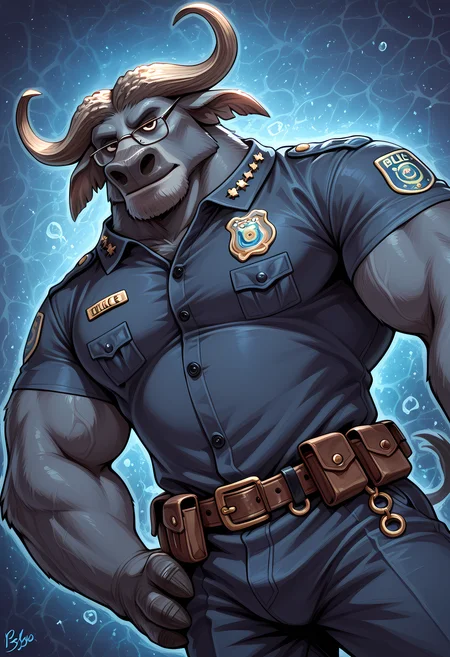 masterpiece, best quality, amazing quality, dutch angle, abstract background, BREAK
1boy, solo, male focus, furry male, zoo_bogo, cape buffalo, horns, blue body, glasses, muscular male, police uniform, BREAK
<lora:cfg_scale_boost:.6> <lora:Chief_Bogo_-_Zootopia_-_ILXL:1>