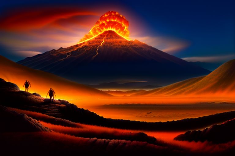 (View from behind:1.5), at night, (two+++ hobbits:1.3) hiking towards a single tall black erupting volcano with extremely steep sides, plateau is a bleak Martian landscape. One hobbit is leaning against the other as they walk