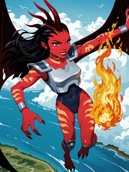 score_9, score_8_up, score_7_up, score_6_up, source_anime, Takinom, 1girl, demon girl, horns, black hair, long hair, purple eyes, makeup, lipstick, red skin, colored, tattoo, orange tattoo, neck tattoo, neck ring, arm tattoo, leg tattoo, armor, shoulder pads, breastplate, leotard, blue leotard, bracelet, knee guards, claws, talons, wings, demon wings, flying, flying over river, fireball, fire, (portrait), detailed background, Hyperdetailed, Extreme Detail, 4K Resolution, Masterpiece, Best Quality  <lora:Takinom_from_Chaotic_-_RealmRabbit-000012:1>
