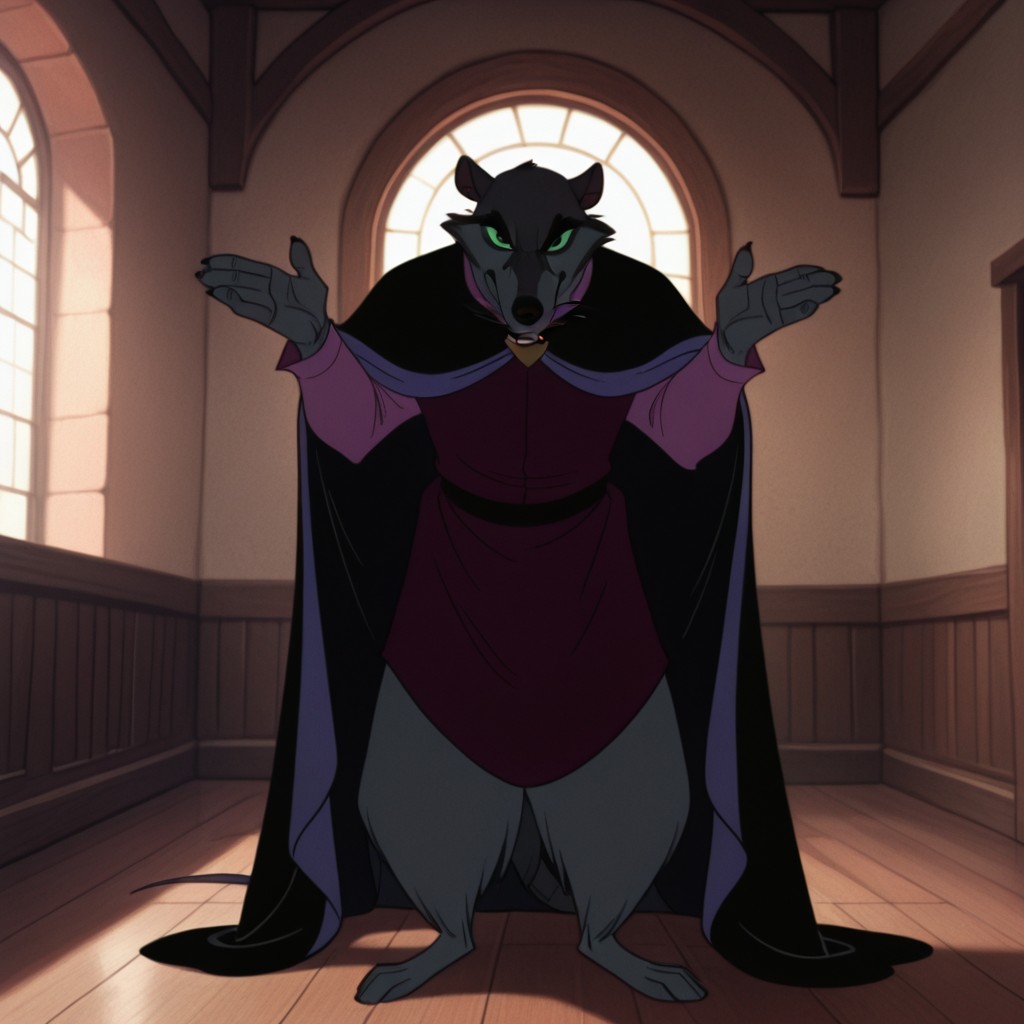 masterpiece, best quality, amazing quality, jennertsonIL, semi-anthro, male, rat, grey fur, green sclera, green eyes,  red sleeveless tunic over a purple long-sleeve shirt, black cloak purple trim, black belt, inside, solo, looking at viewer, full body, <lora:bd6979f3-8cf4-402d-8ae4-e073872d4bc0:1.0>