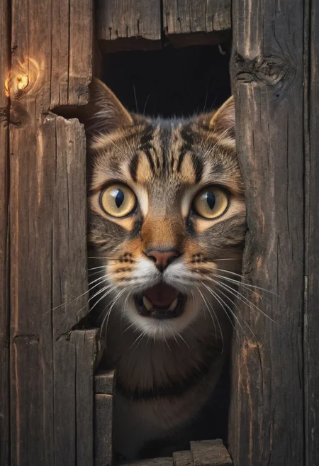 a hole in a wooden fence reveals the face of a surprised cat, digital painting, dramatic lighting, cinematic frame, ultra-realism