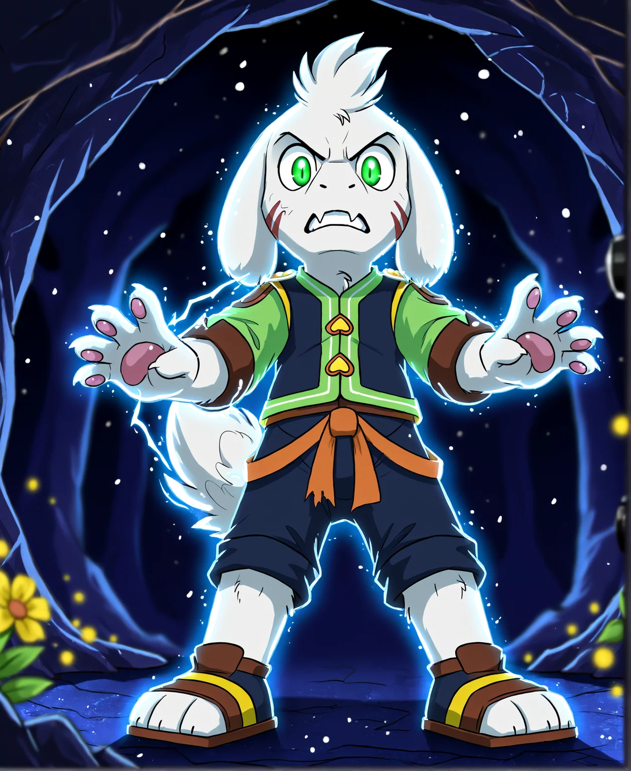 <lora:AsrielPony-000040:1> Asriel Dreemurr, undertale, boss monster, young, black eyes, combat outfit, toeless footwear, torn clothes
snowing, on a dark cave, surrounded by pine trees, indigo glowing flowers in floor, dark background BREAK
looking at viewer, (action pose:1.3), foreshortening, angry, clenched teeth, low-angle view, glowing green eyes, slit pupils, (glowing outline), casting magic particles, closed fists, (depth of field:1.2), BREAK
<lora:spo_sdxl_10ep_4k-data_lora_webui:1> score_7_up, perfect quality, best quality, detailed environment, clear composition, absurdres, very aesthetic, high resolution, newest (masterwork, masterpiece, hyper-detailed, 8k uhd)âââ