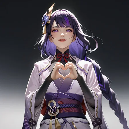 score_9,score_8_up,score_7_up,<lora:raiden_shogun_pony:1>,1girl,raiden_shogun_ckxl,solo,heart_hands,smile,black_hair,long_hair,streaked_hair,two-tone_hair,sidelocks,hair_ornament,absurdres,highres,;\),blunt_bangs,bridal_gauntlets,commentary,long_sleeves,looking_at_viewer,low_ponytail,mitsudomoe_\(shape\),obiage,one_eye_closed,,short_kimono,shoulder_armor,simple_background,white_background,wide_sleeves, mammamia, pinched hand pose