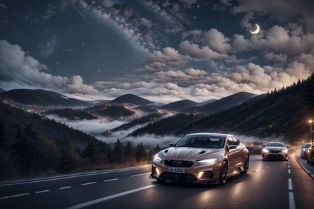 cars racing at night in mountains roadway scenario, near mist, cloudy starry night, Brown moon , kawaii <lora:add_detail:1> <lora:offset_0.2:1>  <lora:AdsTech:0.5>