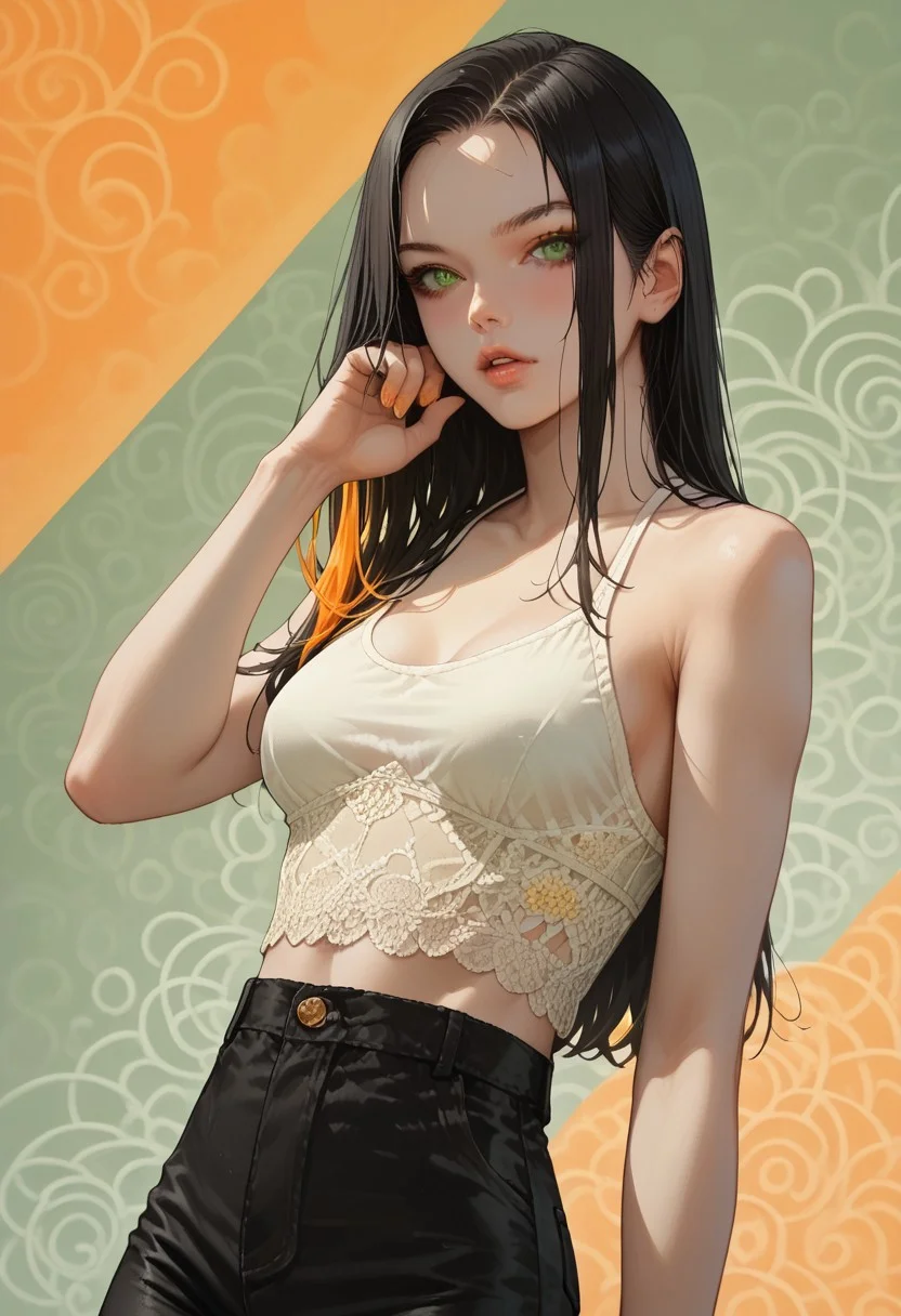 Solo, multicolored hair, Very long black hair with orange streaks, a lot of orange streaks, silk like hair, bright green eyes, pale clean skin, ((medium perky breasts)), perfect eyes, detailed background, home, (bralette, (yellow) laced top) , denim pants, parted lips, playfull expression, one hand on own cheek, cowboy shot, Dutch angle
