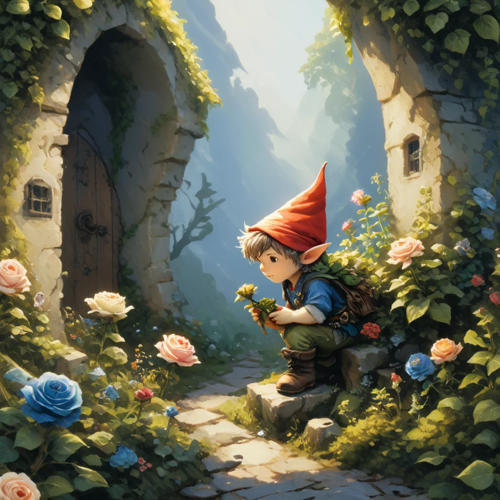 professional painting by Alayna Lemmer of a single fairy looking at a single gnome. The gnome is grumpy. There is a roses garden in background. It is summer morning time and clear weather. cinematic focus on the fairy, dynamic pose, dynamic background, dynamic composition, dynamic lighting, realistic proportions, hdr, raytracing, extreme detailed, ultra detailed, intricate details, highly detailed atmosphere, highly detailed textures.